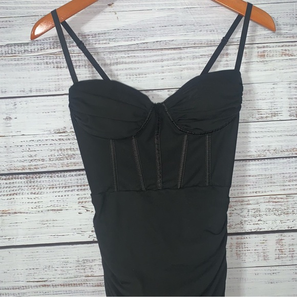 NWOT (S) Black Dress Push Up Bustier Boned Corset Sheer Tank Mini Bodycon Dress - Picture 3 of 5